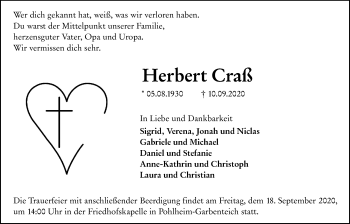 Traueranzeige von Herbert Craß von Giessener Allgemeine, Alsfelder Allgemeine