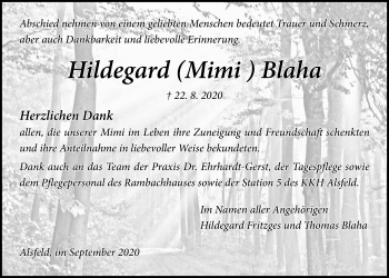 Traueranzeige von Hildegard Blaha von Alsfelder Allgemeine