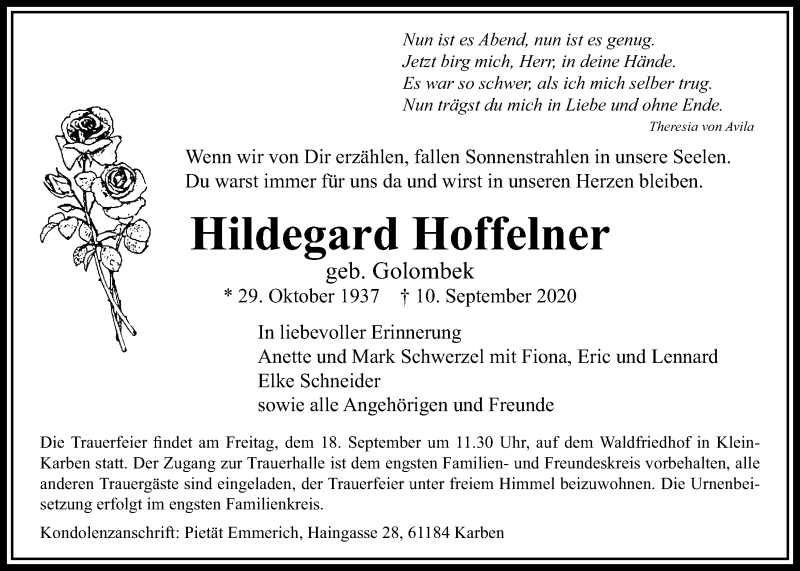  Traueranzeige für Hildegard Hoffelner vom 16.09.2020 aus Wetterauer Zeitung