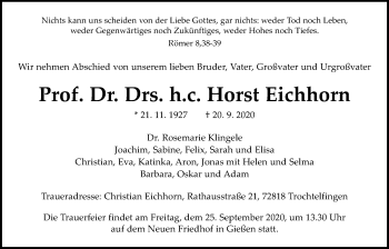 Traueranzeige von Horst Eichhorn von Wetterauer Zeitung, Giessener Allgemeine, Alsfelder Allgemeine