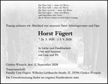 Traueranzeige von Horst Fügert von Giessener Allgemeine, Alsfelder Allgemeine