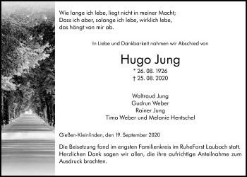 Traueranzeige von Hugo Jung von Giessener Allgemeine, Alsfelder Allgemeine