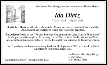 Traueranzeige von Ida Dietz von Giessener Allgemeine, Alsfelder Allgemeine