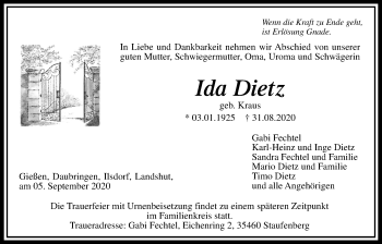 Traueranzeige von Ida Dietz von Giessener Allgemeine, Alsfelder Allgemeine