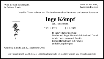 Traueranzeige von Inge Kömpf von Giessener Allgemeine, Alsfelder Allgemeine