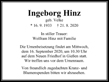 Traueranzeige von Ingeborg Hinz von Giessener Allgemeine, Alsfelder Allgemeine