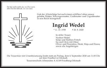 Traueranzeige von Ingrid Wedel von Wetterauer Zeitung