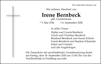 Traueranzeige von Irene Bernbeck von Wetterauer Zeitung