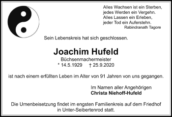 Traueranzeige von Joachim Hufeld von Alsfelder Allgemeine