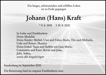 Traueranzeige von Johann Kraft von Giessener Allgemeine, Alsfelder Allgemeine