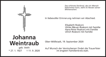 Traueranzeige von Johanna Weintraub von Wetterauer Zeitung