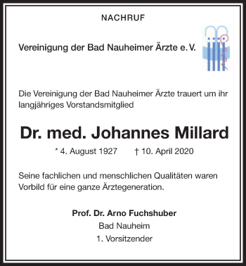 Traueranzeige von Johannes Millard von Wetterauer Zeitung