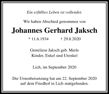 Traueranzeige von Johannes Gerhard Jaksch von Licher Wochenblatt