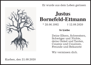 Traueranzeige von Justus Bornefeld-Ettmann von Wetterauer Zeitung