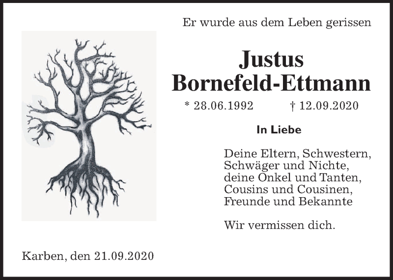  Traueranzeige für Justus Bornefeld-Ettmann vom 26.09.2020 aus Wetterauer Zeitung