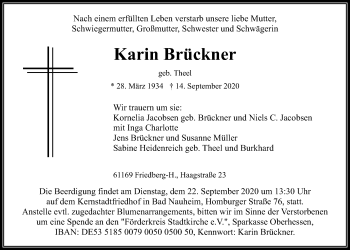 Traueranzeige von Karin Brückner von Wetterauer Zeitung