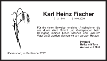 Traueranzeige von Karl Heinz Fischer von Alsfelder Allgemeine