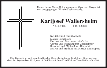 Traueranzeige von Karljosef Wallersheim von Wetterauer Zeitung