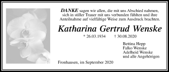 Traueranzeige von Katharina Gertrud Wenske von Giessener Allgemeine, Alsfelder Allgemeine