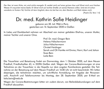 Traueranzeige von Kathrin Sofie Heidinger von Giessener Allgemeine, Alsfelder Allgemeine