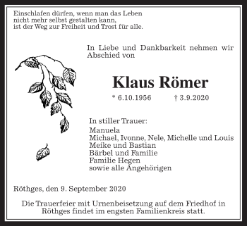 Traueranzeige von Klaus Römer von Laubacher Anzeiger