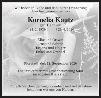 Traueranzeige von Kornelia Kautz von Wetterauer Zeitung