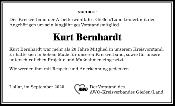 Traueranzeige von Kurt Bernhardt von Giessener Allgemeine, Alsfelder Allgemeine