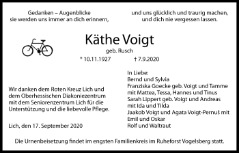 Traueranzeige von Käthe Voigt von Licher Wochenblatt