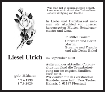 Traueranzeige von Liesel Ulrich von Wetterauer Zeitung
