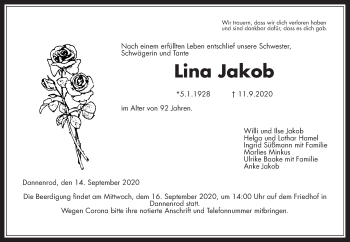 Traueranzeige von Lina Jakob von Alsfelder Allgemeine