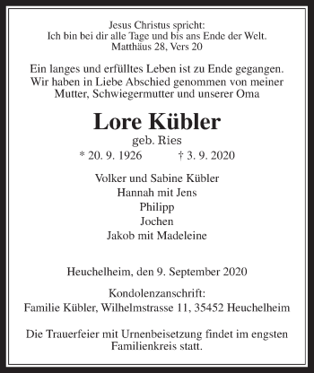 Traueranzeige von Lore Kübler von Giessener Allgemeine, Alsfelder Allgemeine
