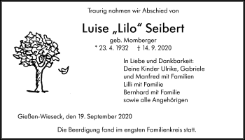 Traueranzeige von Luise Seibert von Giessener Allgemeine, Alsfelder Allgemeine