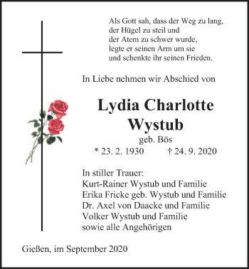 Traueranzeige von Lydia Charlotte Wystub von Giessener Allgemeine, Alsfelder Allgemeine
