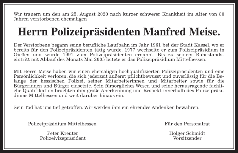  Traueranzeige für Manfred Meise vom 05.09.2020 aus Wetterauer Zeitung, Giessener Allgemeine, Alsfelder Allgemeine
