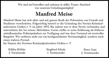 Traueranzeige von Manfred Meise von Giessener Allgemeine, Alsfelder Allgemeine
