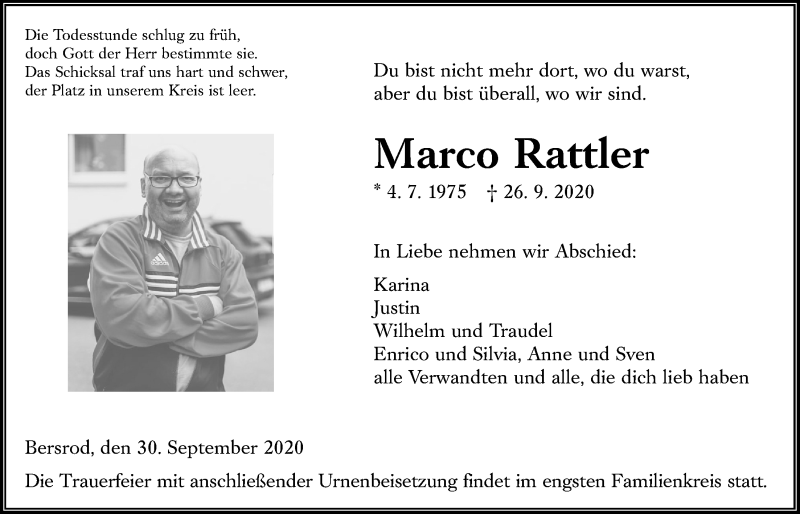  Traueranzeige für Marco Rattler vom 30.09.2020 aus Giessener Allgemeine, Alsfelder Allgemeine