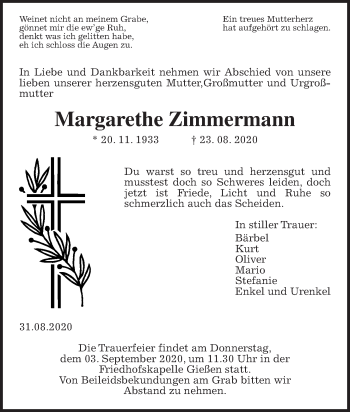 Traueranzeige von Margarethe Zimmermann von Giessener Allgemeine, Alsfelder Allgemeine