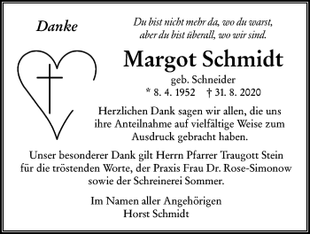 Traueranzeige von Margot Schmidt von Giessener Allgemeine, Alsfelder Allgemeine