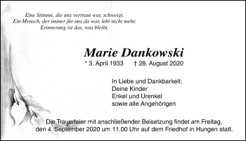 Traueranzeige von Marie Dankowski von Licher Wochenblatt