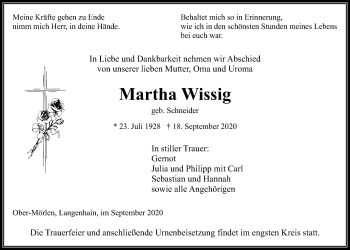 Traueranzeige von Martha Wissig von Wetterauer Zeitung