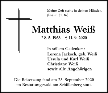 Traueranzeige von Matthias Weiß von Giessener Allgemeine, Alsfelder Allgemeine