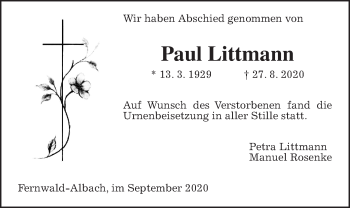 Traueranzeige von Paul Littmann von Giessener Allgemeine, Alsfelder Allgemeine