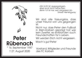 Traueranzeige von Peter Rübenach von Wetterauer Zeitung