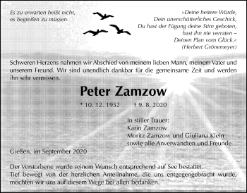 Traueranzeige von Peter Zamzow von Giessener Allgemeine, Alsfelder Allgemeine