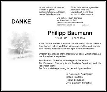 Traueranzeige von Philipp Baumann von Wetterauer Zeitung