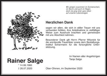 Traueranzeige von Rainer Salge von Alsfelder Allgemeine, Mücker Stimme