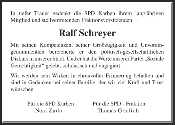Traueranzeige von Ralf Schreyer von Wetterauer Zeitung