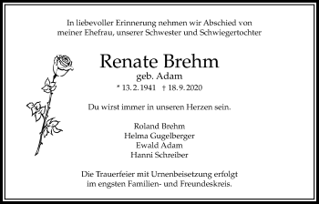 Traueranzeige von Renate Brehm von Bad Vilbel/Karben