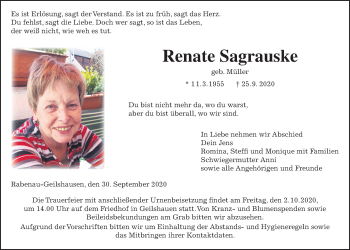 Traueranzeige von Renate Sagrauske von Giessener Allgemeine, Alsfelder Allgemeine
