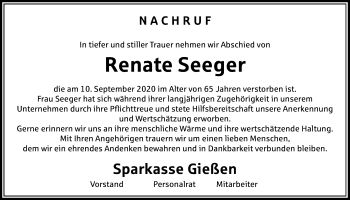 Traueranzeige von Renate Seeger von Giessener Allgemeine, Alsfelder Allgemeine